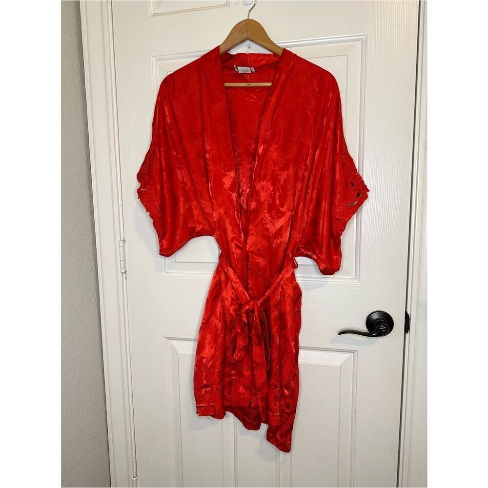 Natori Red Oriental Dragon Print Eyelet Bell Sleeve Satin Wrap Robe Sz M Boho